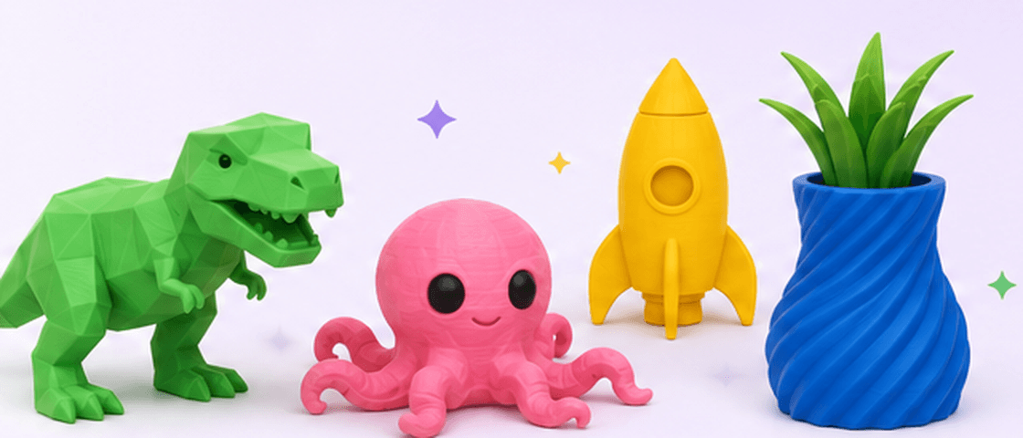 Dinosaurio, pulpo, cohete y maceta impresos en 3D
