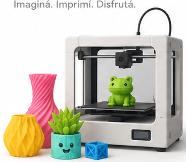 Impresora 3D creando una figura pequena rodeada de piezas coloridas